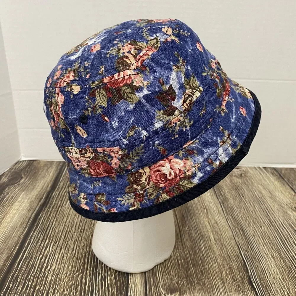 New Era Floral Print Denim Bucket Hat Sz XL Blue/Pink Cotton Blend